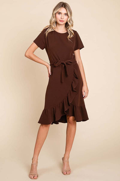 Short Sleeve Ruffled Tulip Hem Tie Belt Dress