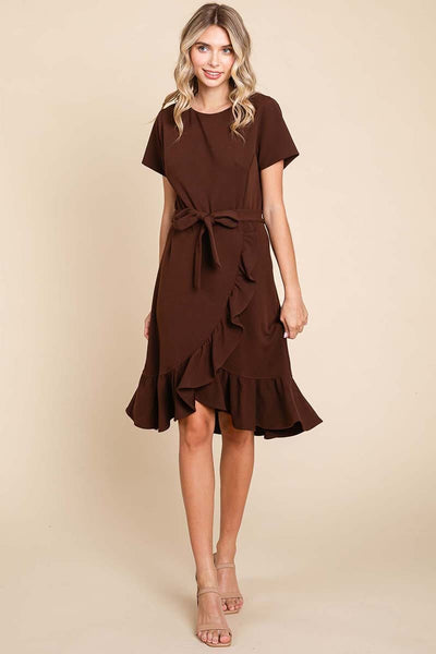 Short Sleeve Ruffled Tulip Hem Tie Belt Dress