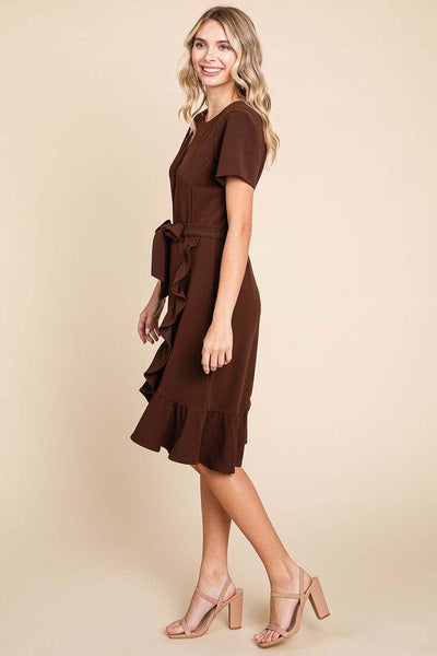 Short Sleeve Ruffled Tulip Hem Tie Belt Dress