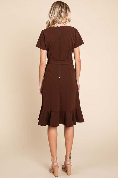 Short Sleeve Ruffled Tulip Hem Tie Belt Dress