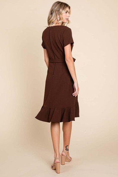 Short Sleeve Ruffled Tulip Hem Tie Belt Dress