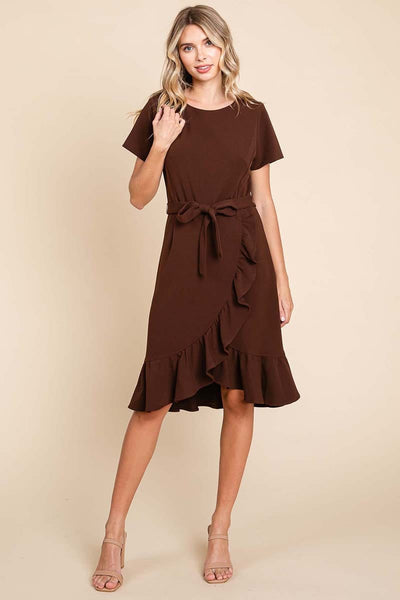 Short Sleeve Ruffled Tulip Hem Tie Belt Dress