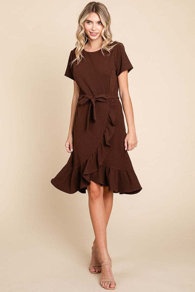 Short Sleeve Ruffled Tulip Hem Tie Belt Dress