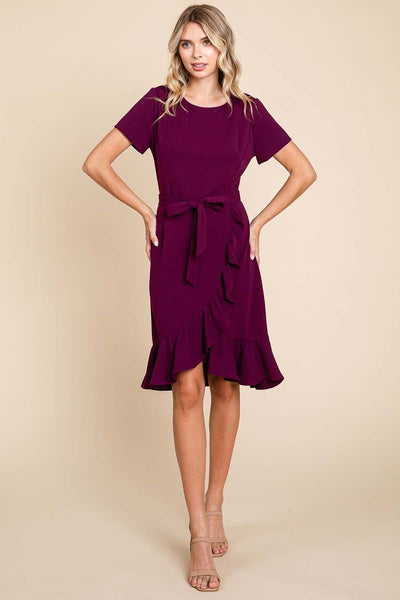 Short Sleeve Ruffled Tulip Hem Tie Belt Dress