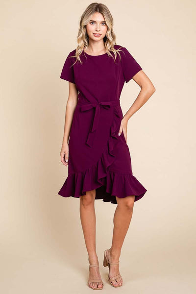 Short Sleeve Ruffled Tulip Hem Tie Belt Dress