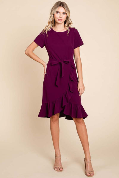 Short Sleeve Ruffled Tulip Hem Tie Belt Dress