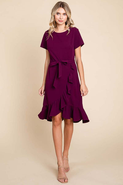 Short Sleeve Ruffled Tulip Hem Tie Belt Dress