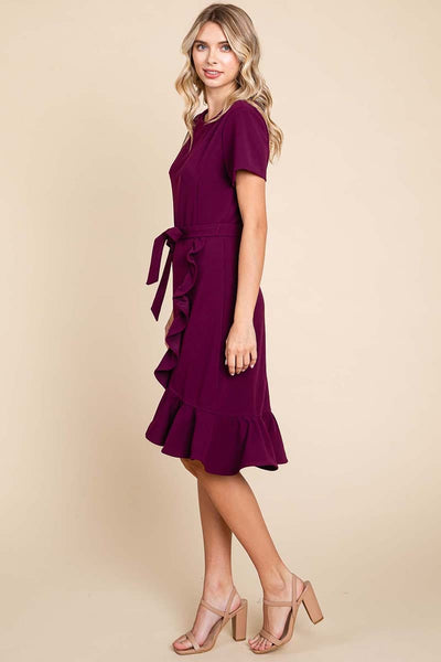 Short Sleeve Ruffled Tulip Hem Tie Belt Dress