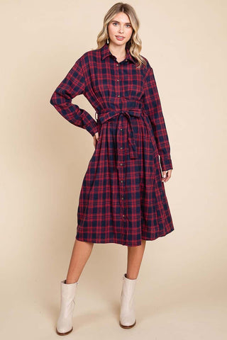 Long Sleeve Plaid Belted Flannel Shirt Dress