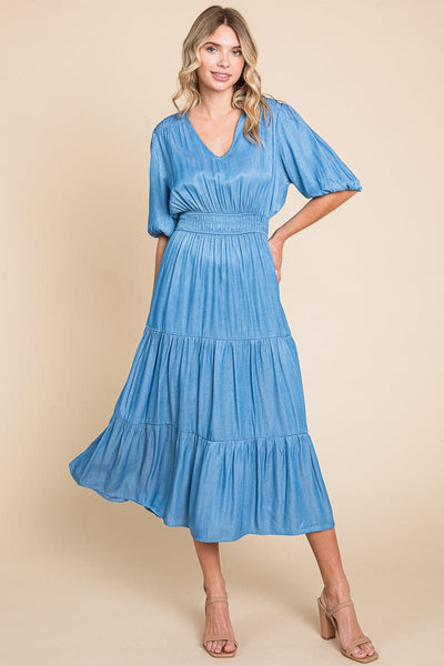 Chambray Tiered V Neck Smocked Waist Midi Dress