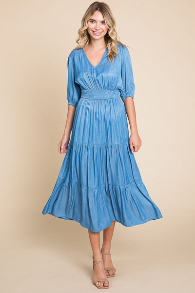 Chambray Tiered V Neck Smocked Waist Midi Dress