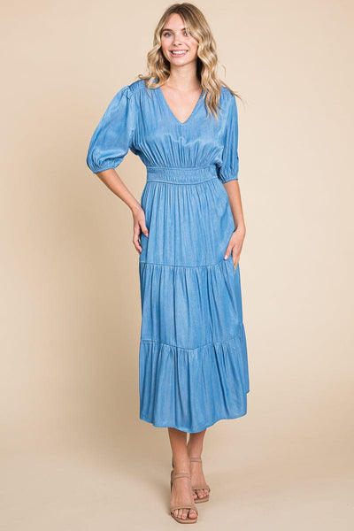 Chambray Tiered V Neck Smocked Waist Midi Dress