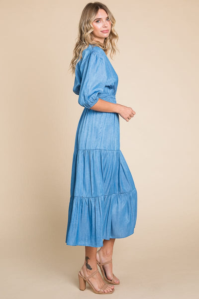 Chambray Tiered V Neck Smocked Waist Midi Dress