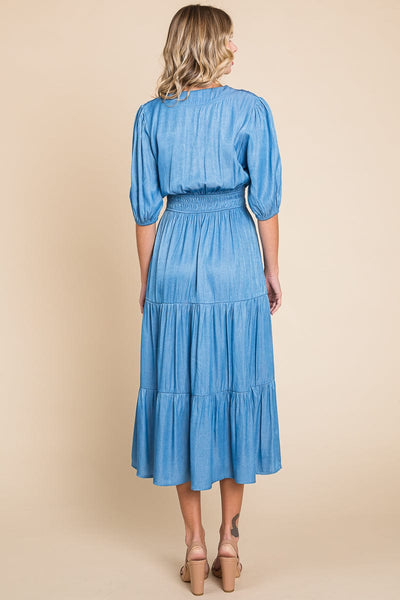 Chambray Tiered V Neck Smocked Waist Midi Dress