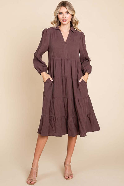 Double Gauze Layered Cotton Midi Shirt Dress