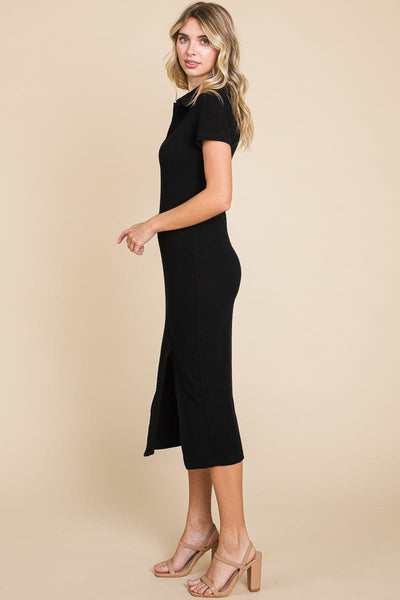 Collared Side Split Ribbed Bodycon Midi Dress