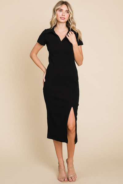 Collared Side Split Ribbed Bodycon Midi Dress