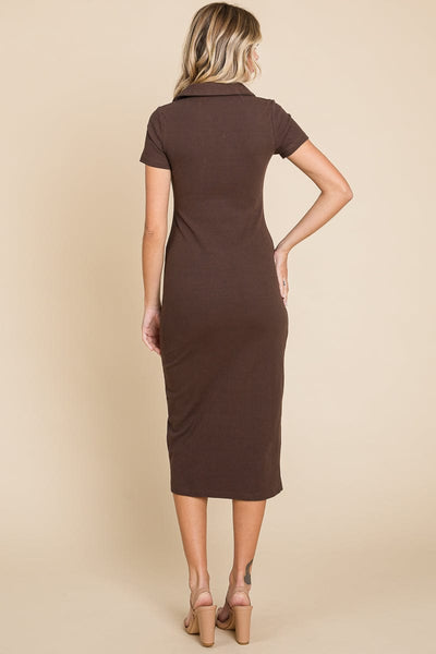 Collared Side Split Ribbed Bodycon Midi Dress