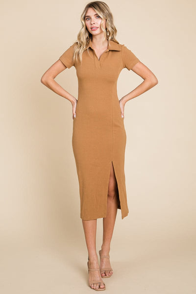 Collared Side Split Ribbed Bodycon Midi Dress