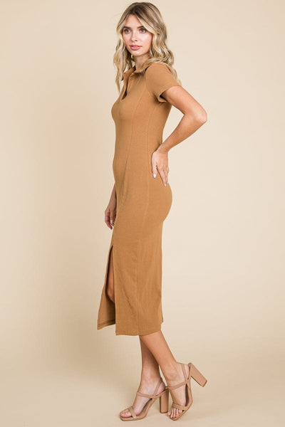 Collared Side Split Ribbed Bodycon Midi Dress