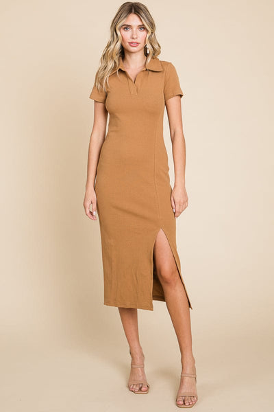 Collared Side Split Ribbed Bodycon Midi Dress