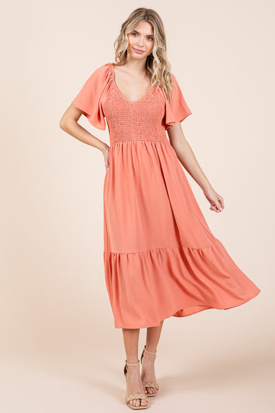 Smocked V Neck Flutter Sleeve Tiered Midi Dress