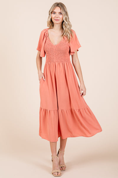 Smocked V Neck Flutter Sleeve Tiered Midi Dress