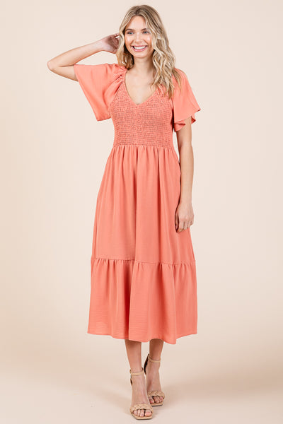 Smocked V Neck Flutter Sleeve Tiered Midi Dress