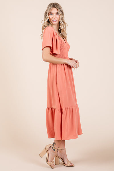 Smocked V Neck Flutter Sleeve Tiered Midi Dress