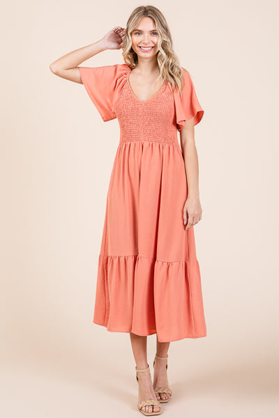 Smocked V Neck Flutter Sleeve Tiered Midi Dress