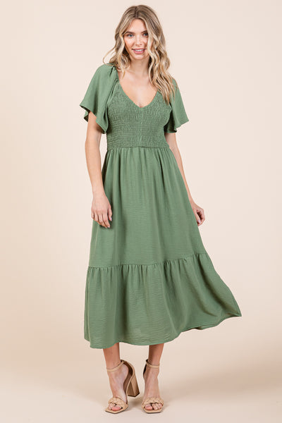 Smocked V Neck Flutter Sleeve Tiered Midi Dress