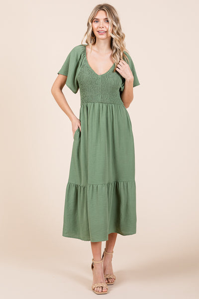 Smocked V Neck Flutter Sleeve Tiered Midi Dress