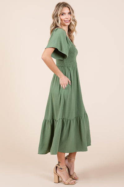 Smocked V Neck Flutter Sleeve Tiered Midi Dress