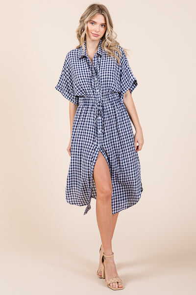 Plaid Short Sleeve Waist Tie Collared Shirt Dress