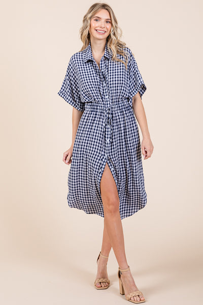 Plaid Short Sleeve Waist Tie Collared Shirt Dress