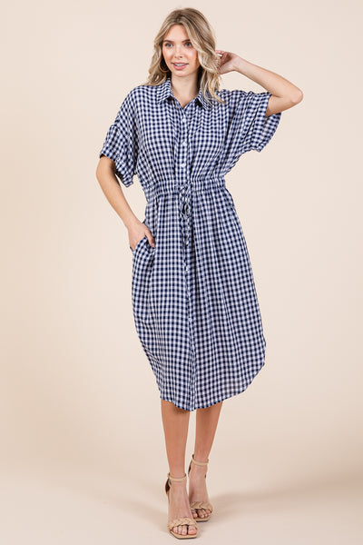 Plaid Short Sleeve Waist Tie Collared Shirt Dress