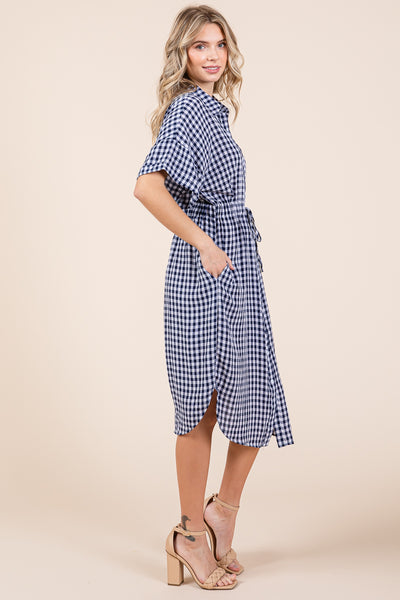 Plaid Short Sleeve Waist Tie Collared Shirt Dress