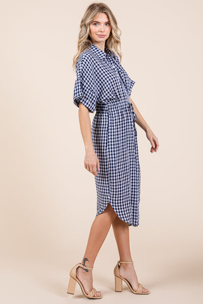 Plaid Short Sleeve Waist Tie Collared Shirt Dress