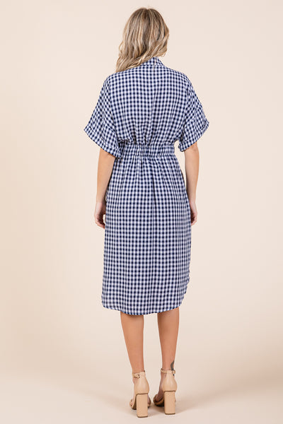 Plaid Short Sleeve Waist Tie Collared Shirt Dress