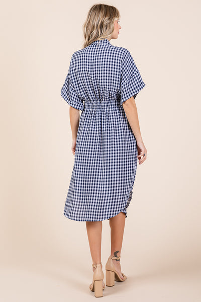 Plaid Short Sleeve Waist Tie Collared Shirt Dress