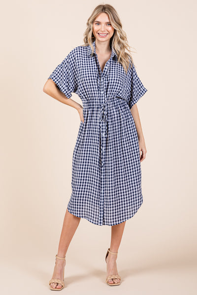 Plaid Short Sleeve Waist Tie Collared Shirt Dress