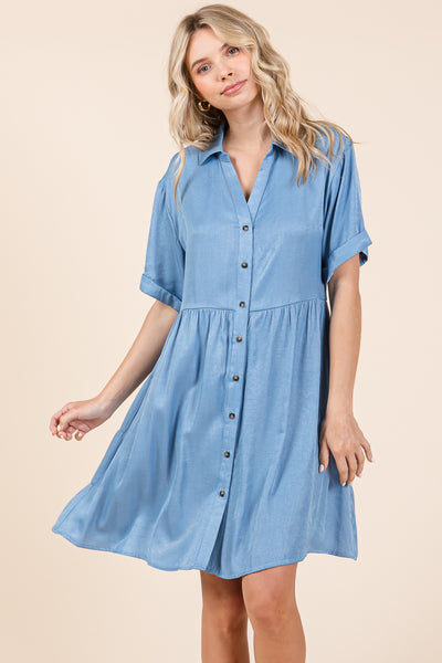 Chambray Relaxed Tiered Button Up Shirt Dress