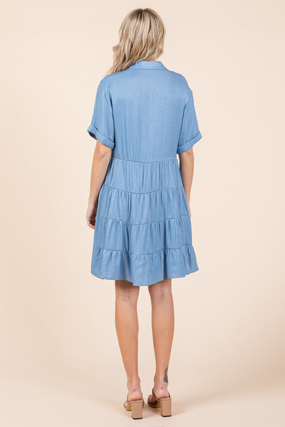Chambray Relaxed Tiered Button Up Shirt Dress