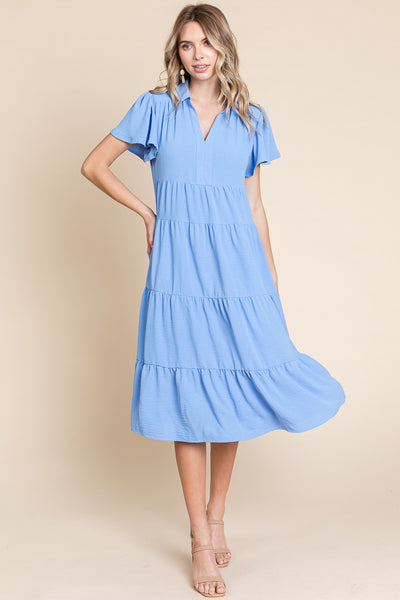 Collared V Neck Tiered Babydoll Midi Dress