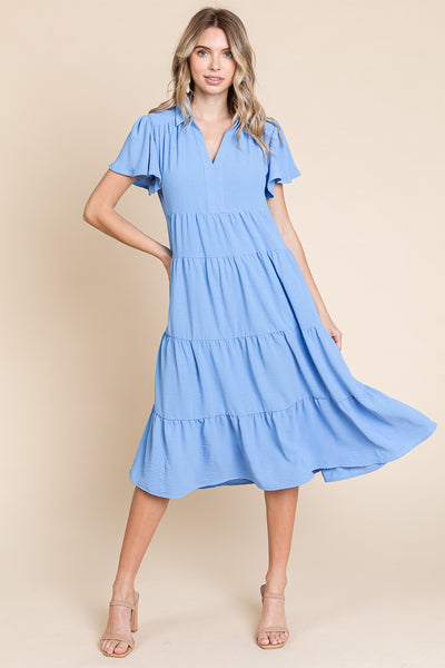 Collared V Neck Tiered Babydoll Midi Dress