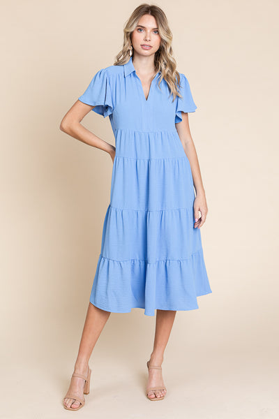 Collared V Neck Tiered Babydoll Midi Dress