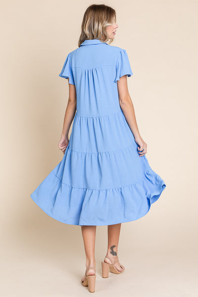 Collared V Neck Tiered Babydoll Midi Dress