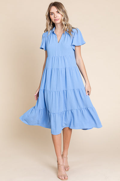 Collared V Neck Tiered Babydoll Midi Dress