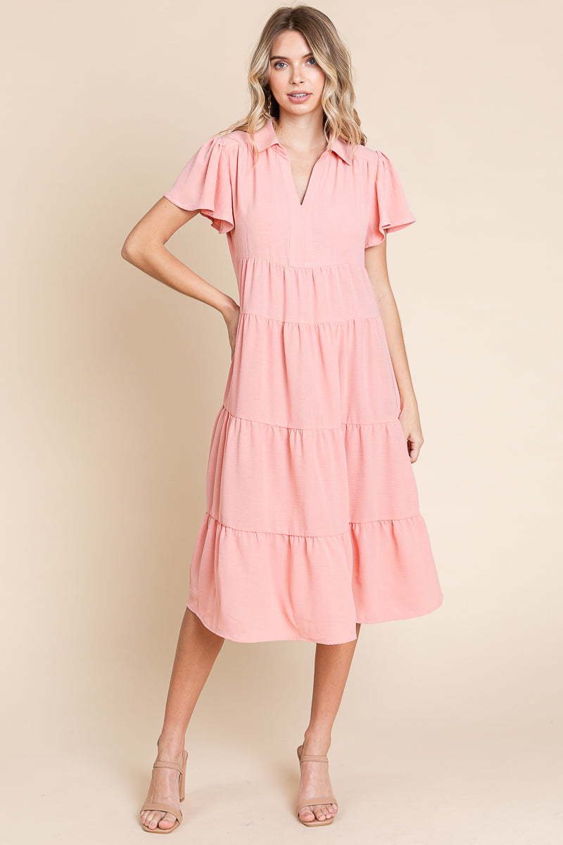 Collared V Neck Tiered Babydoll Midi Dress