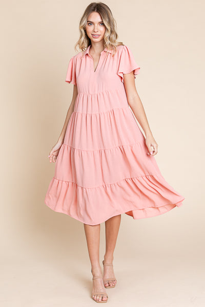 Collared V Neck Tiered Babydoll Midi Dress